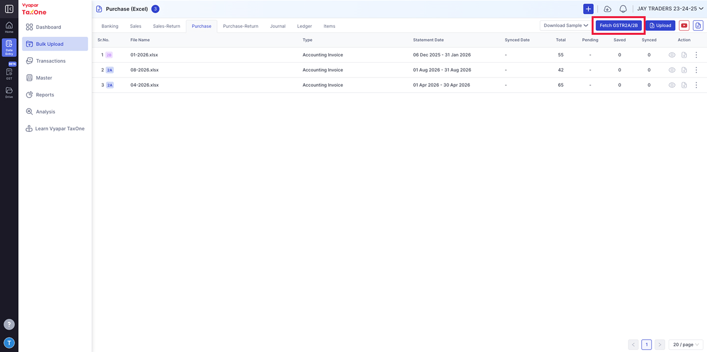 Step 1 - Fetch GSTR2A/2B Button